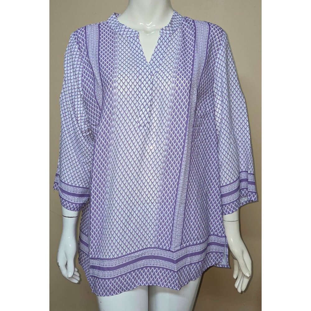 ANNE CARSON Violet & Ivory V-Neck Boho Blouse 3/4 Sleeve Size X LARGE NEW